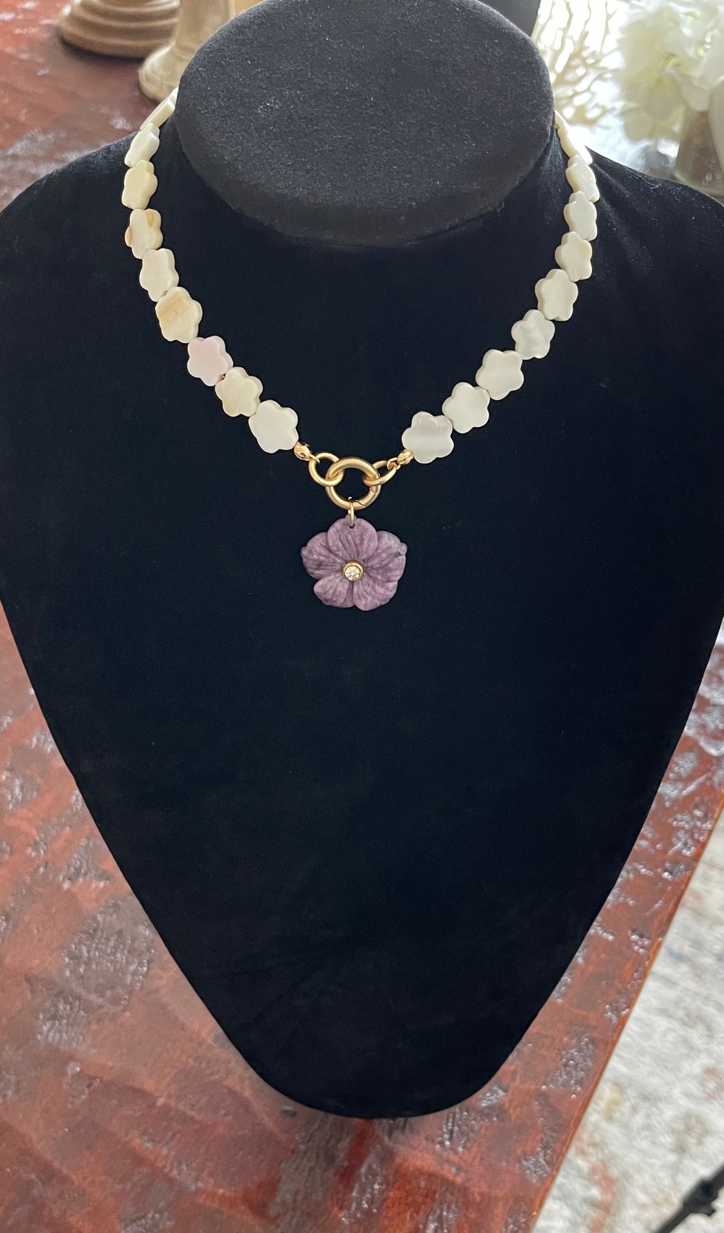 Lavender Flower Choker Necklace: Amethyst Gemstone Carved Flower Pendant on Flower MOP Shell Beads