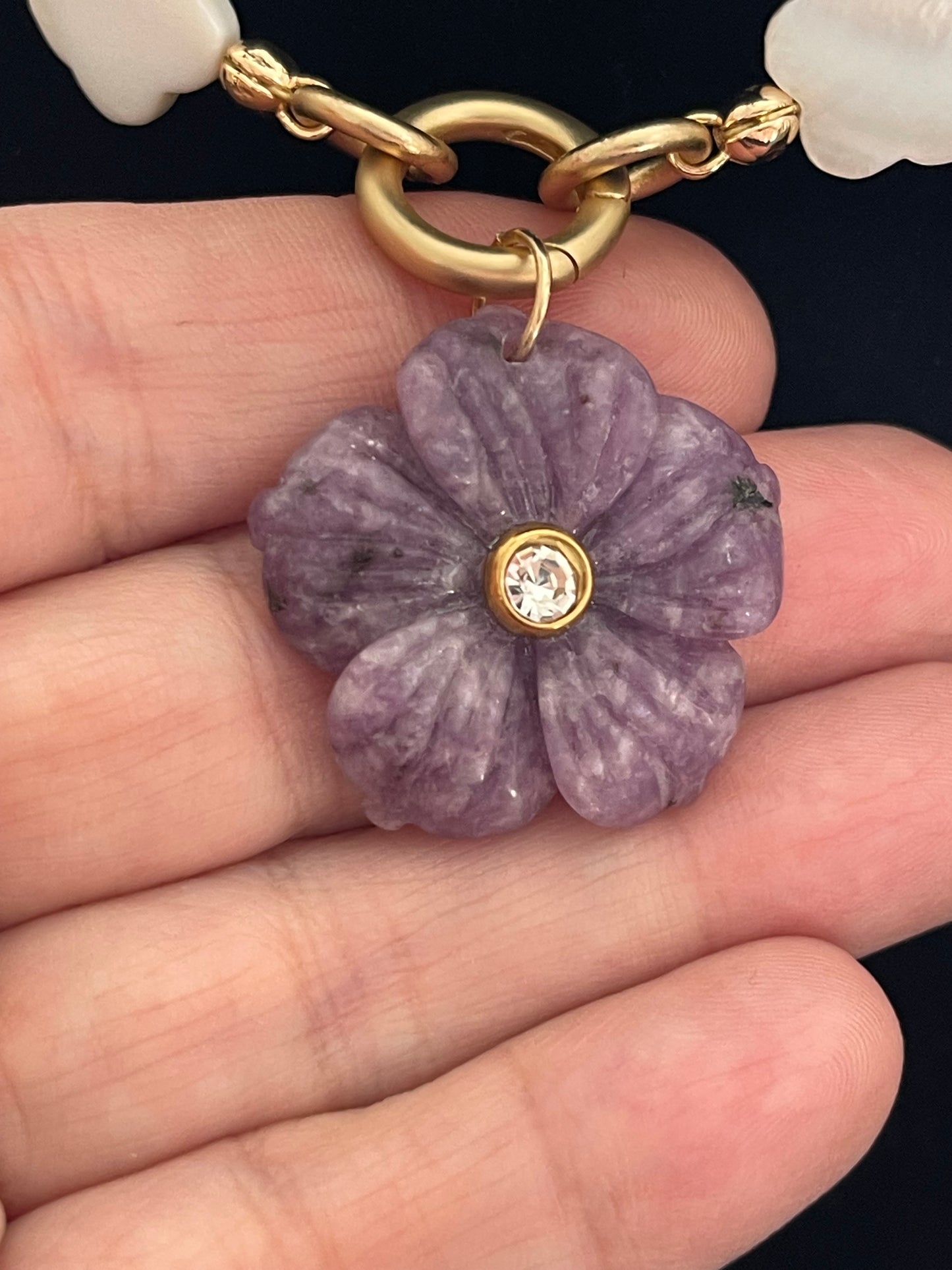 Lavender Flower Choker Necklace: Amethyst Gemstone Carved Flower Pendant on Flower MOP Shell Beads