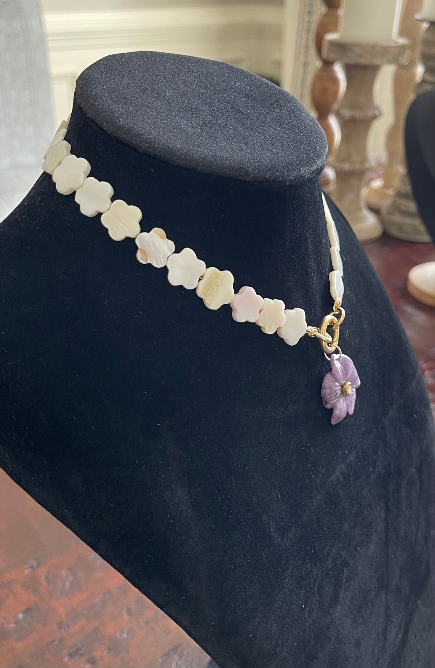 Lavender Flower Choker Necklace: Amethyst Gemstone Carved Flower Pendant on Flower MOP Shell Beads