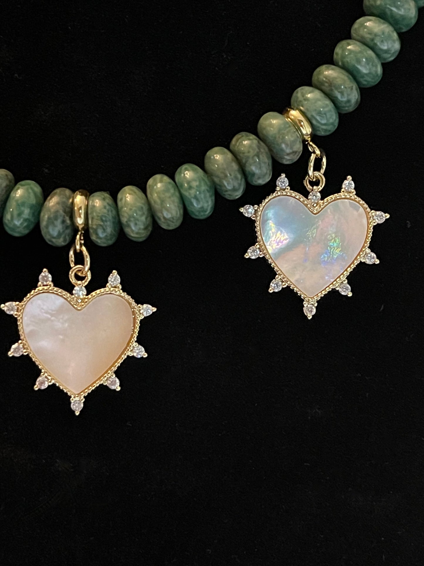 Hearts Trio Necklace: Handmade African Jade with Mother of Pearl Heart Pendants