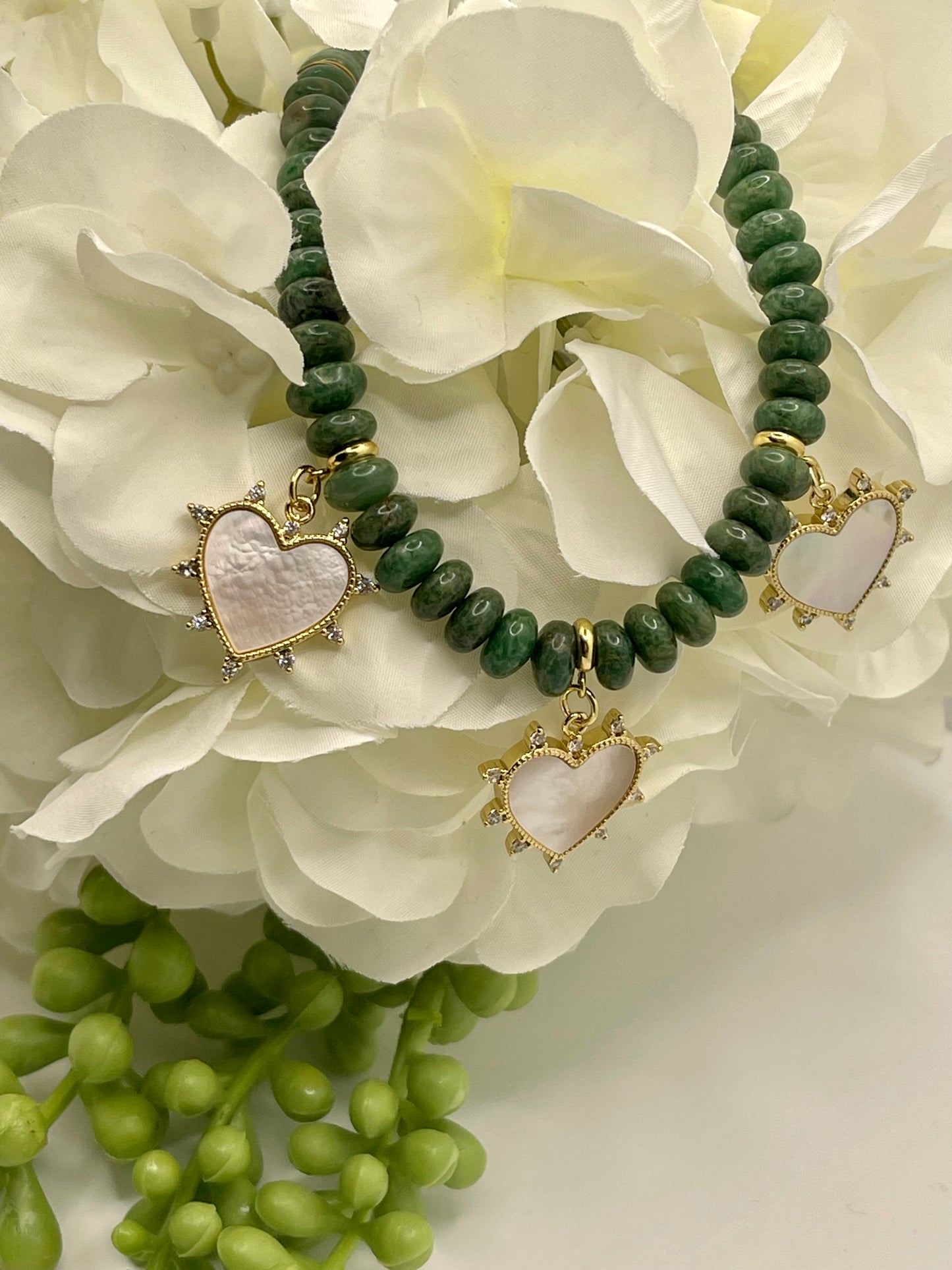 Hearts Trio Necklace: Handmade African Jade with Mother of Pearl Heart Pendants