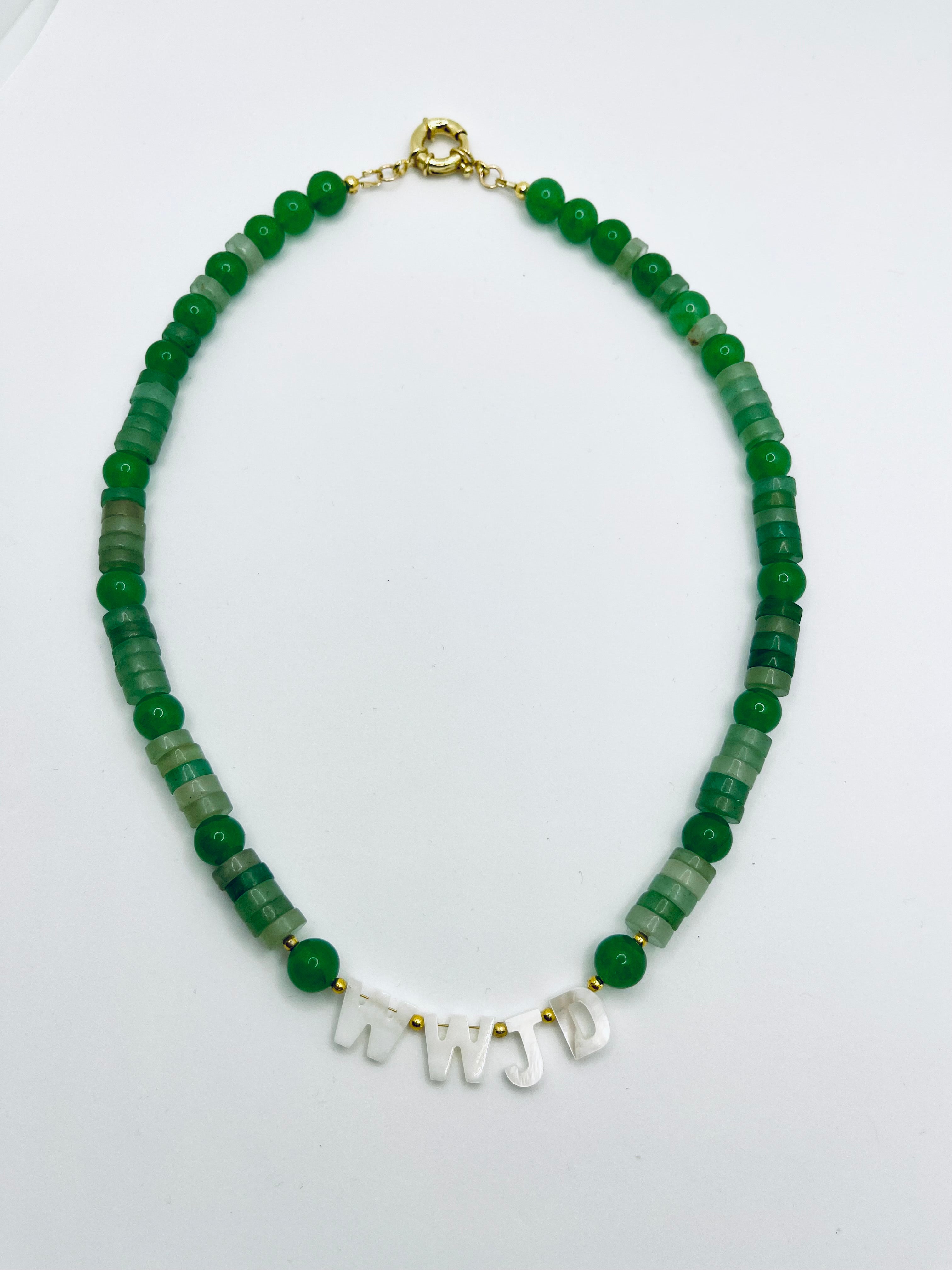 WWJD Necklace: Green Aventurine beads in 2 shapes MOP Shell letters