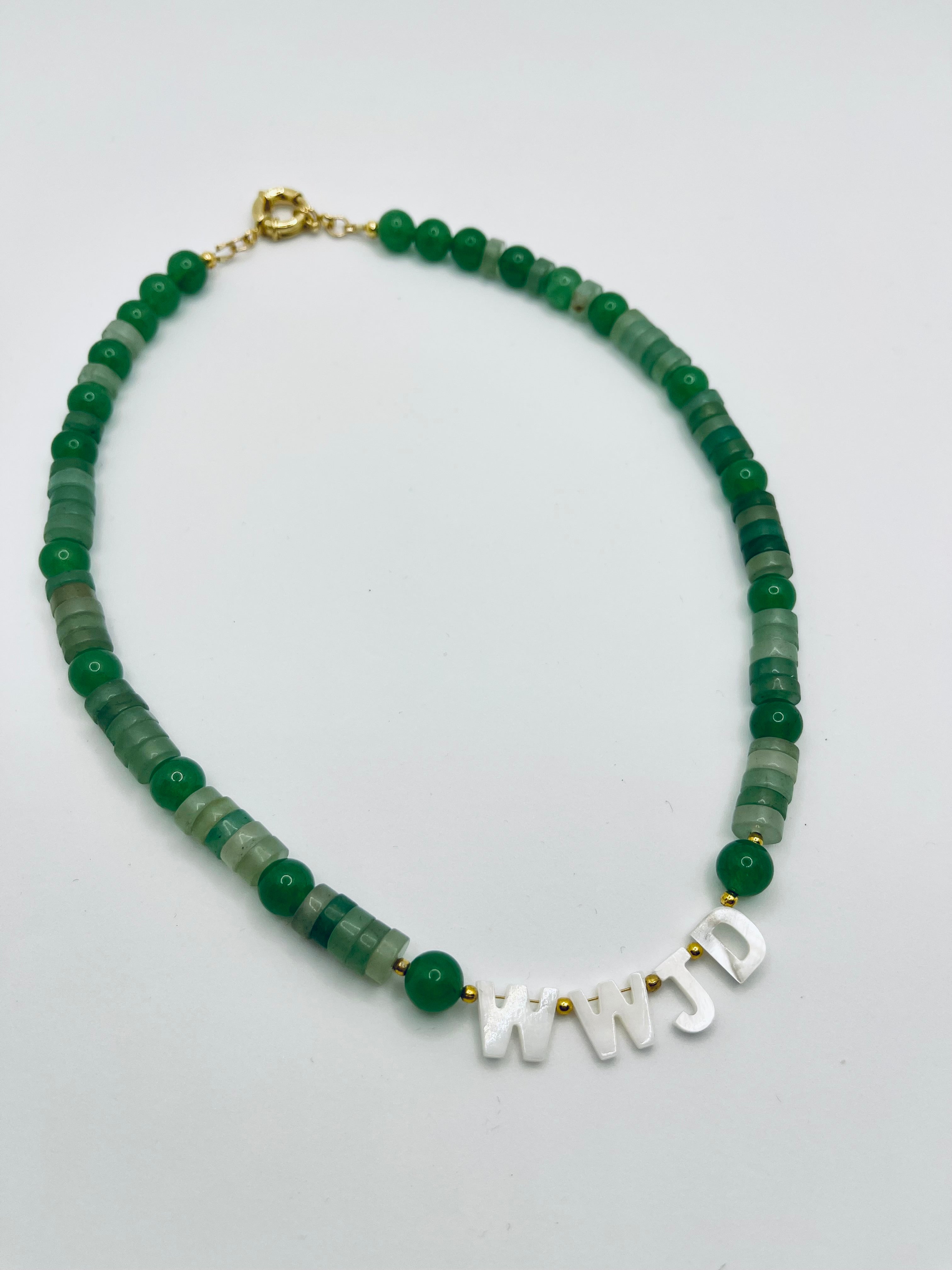 WWJD Necklace: Green Aventurine beads in 2 shapes MOP Shell letters