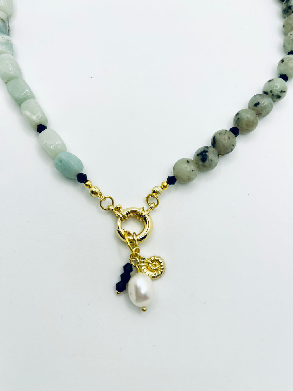 Kiwi Cutie Necklace: OOAK Amazonite and Kiwi Jasper with Charms