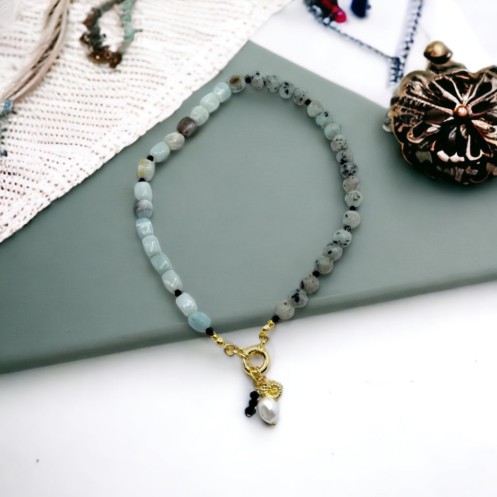 Kiwi Cutie Necklace: OOAK Amazonite and Kiwi Jasper with Charms