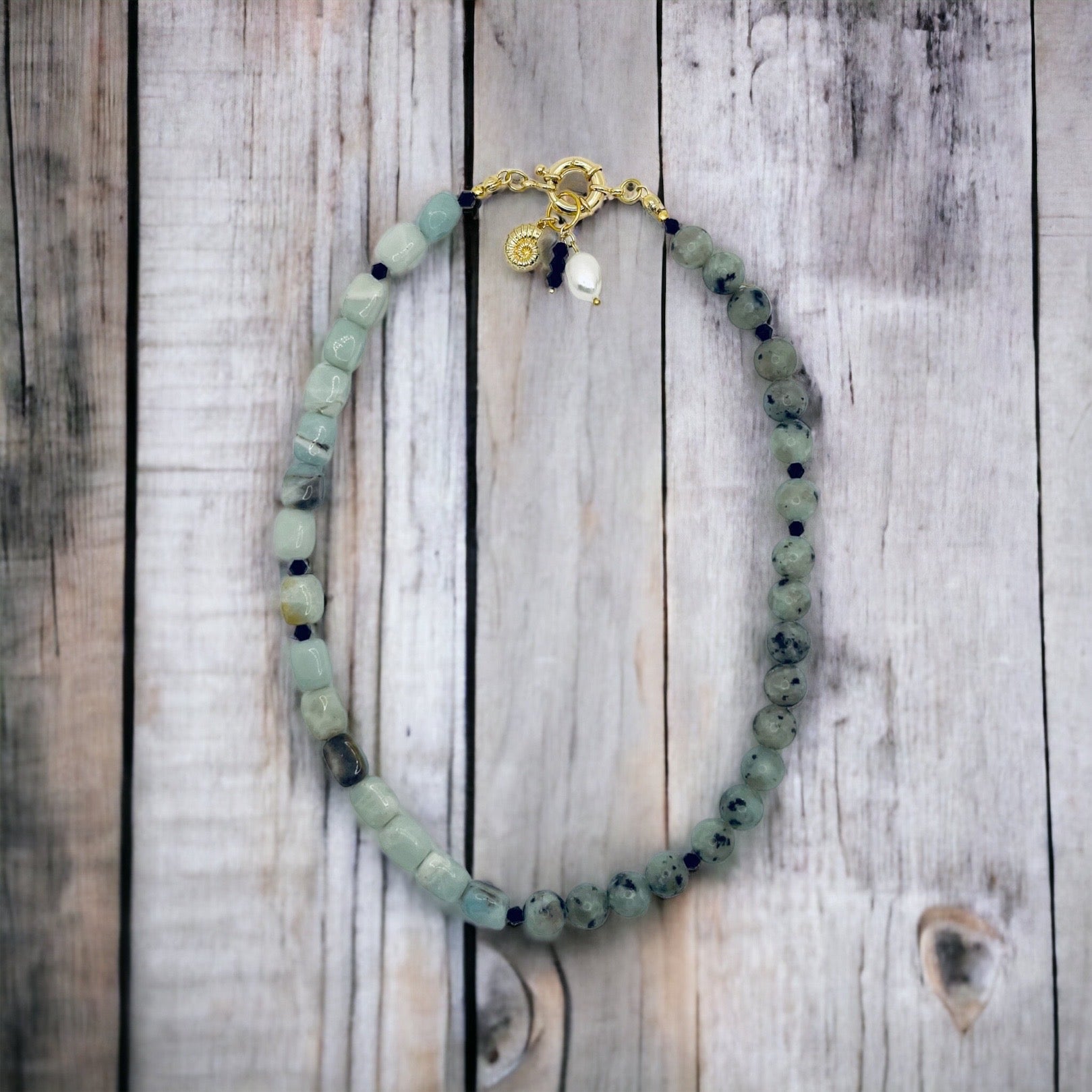 Kiwi Cutie Necklace: OOAK Amazonite and Kiwi Jasper with Charms