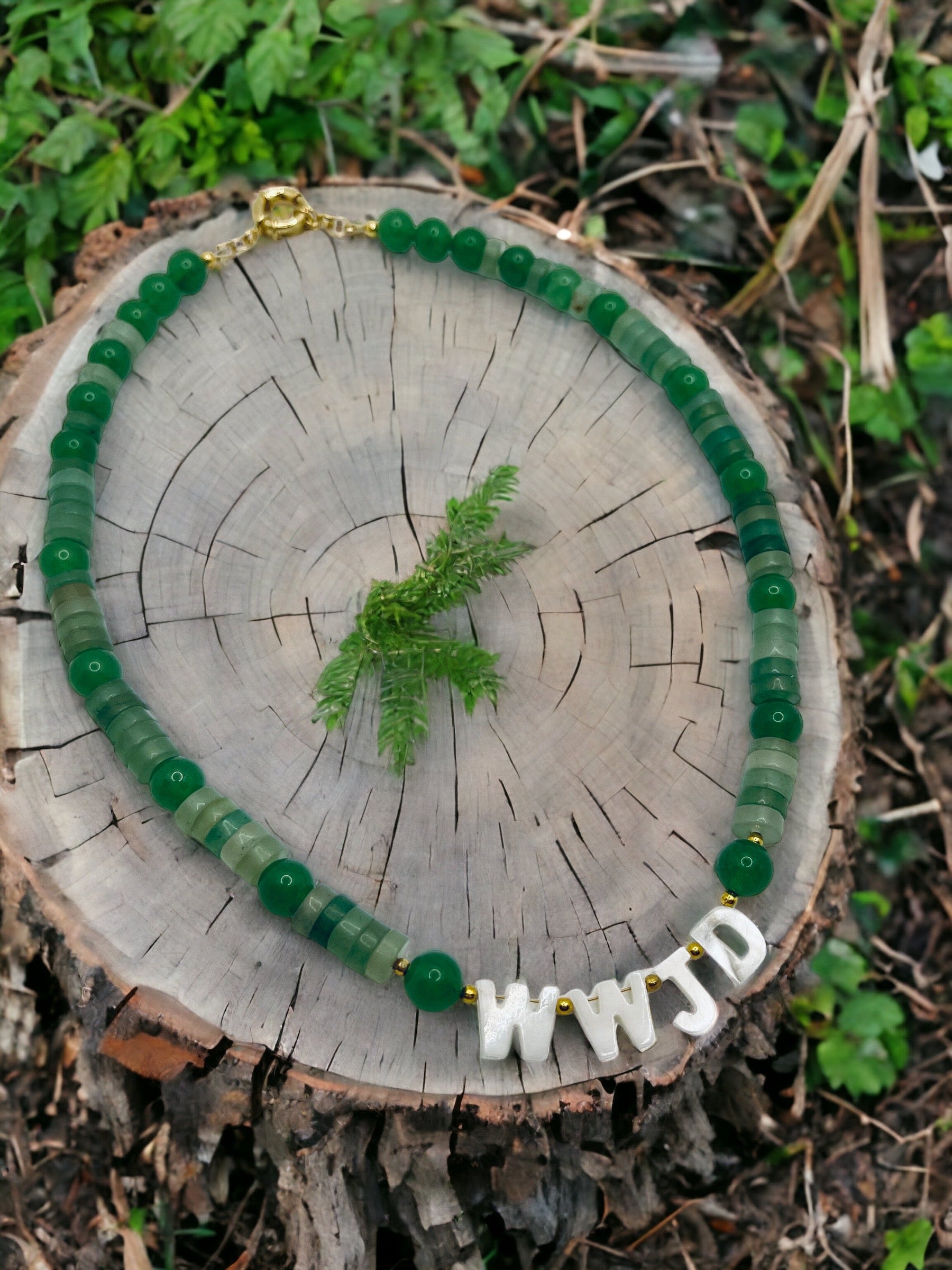 WWJD Necklace: Green Aventurine beads in 2 shapes MOP Shell letters