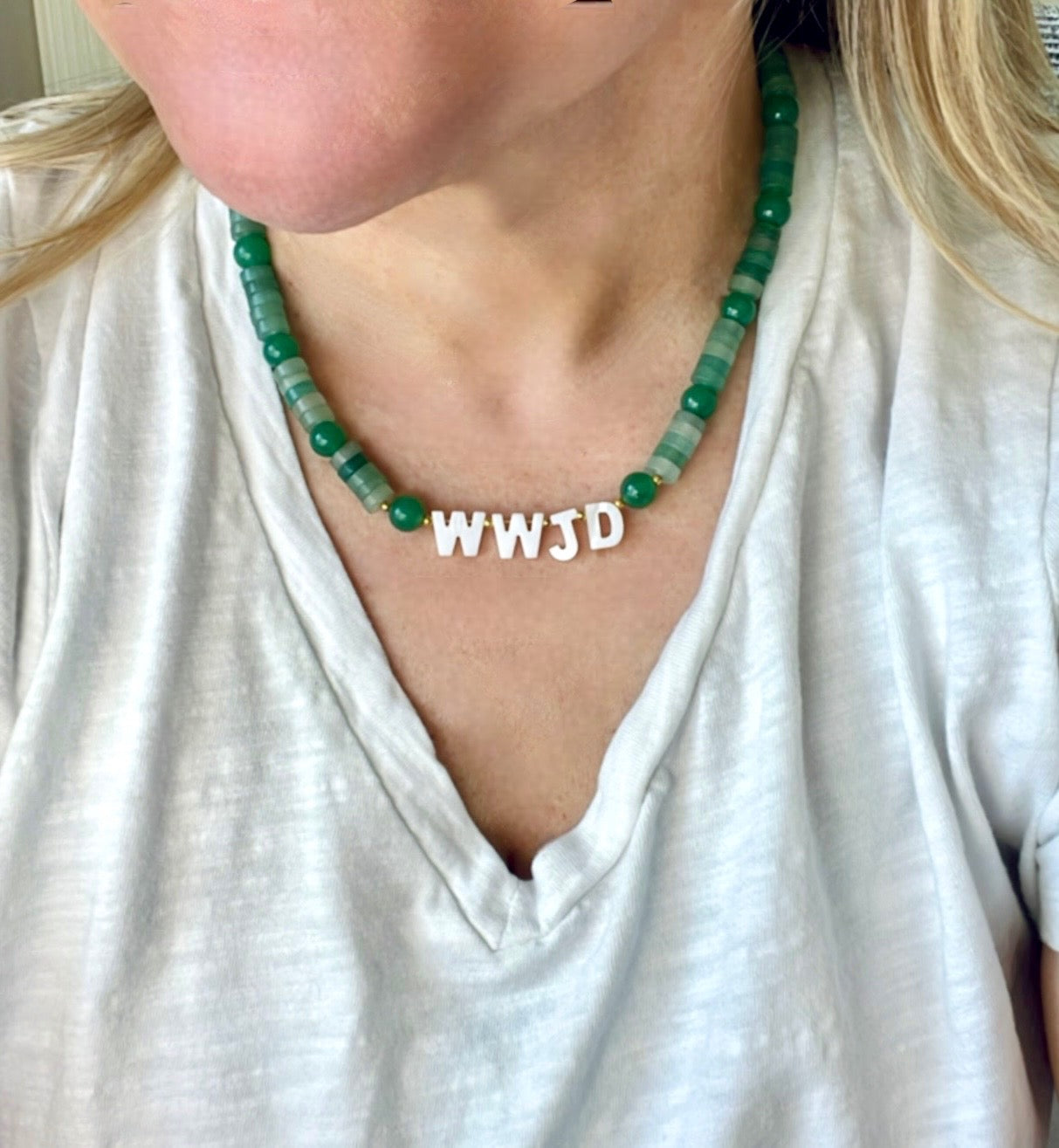 WWJD Necklace: Green Aventurine beads in 2 shapes MOP Shell letters