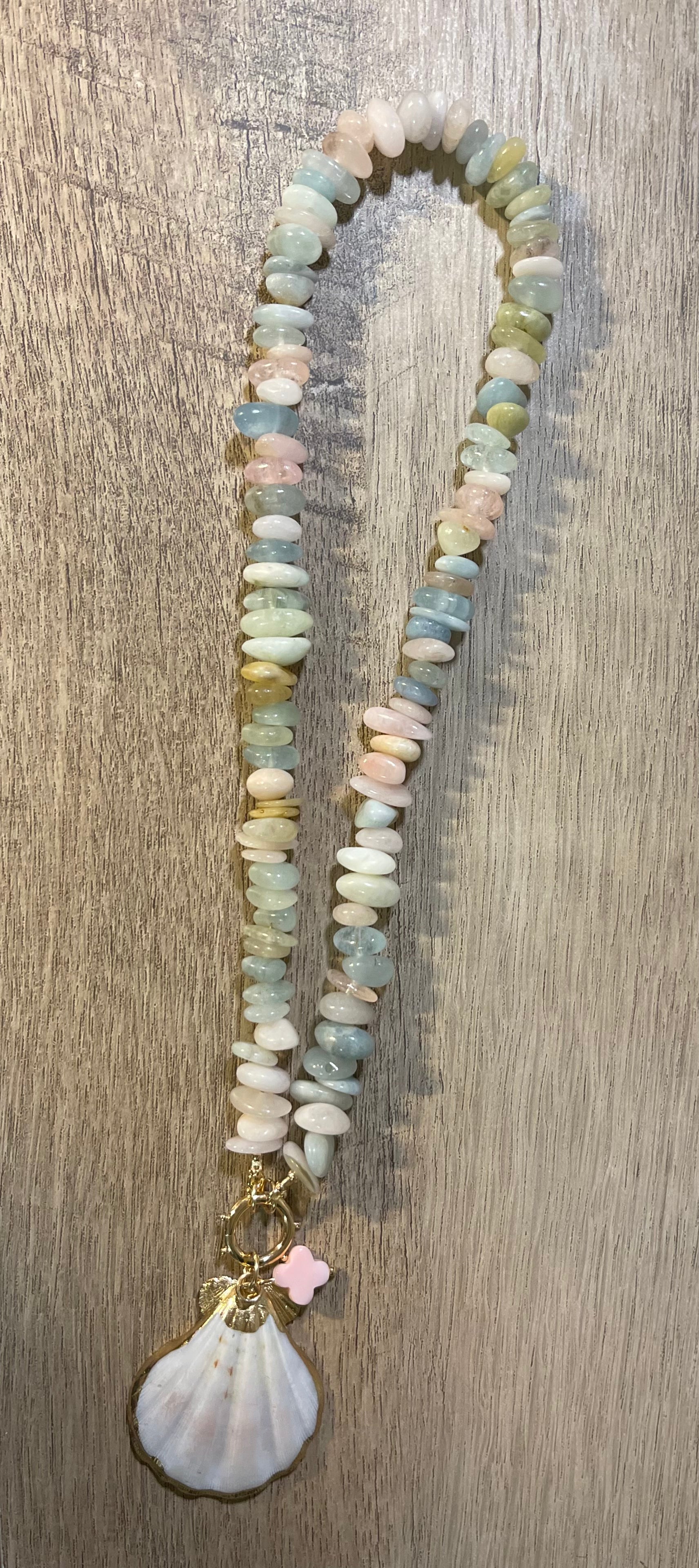 Pastel Charmer Necklace OOAK: Morganite Beryl beads Natural Seashell