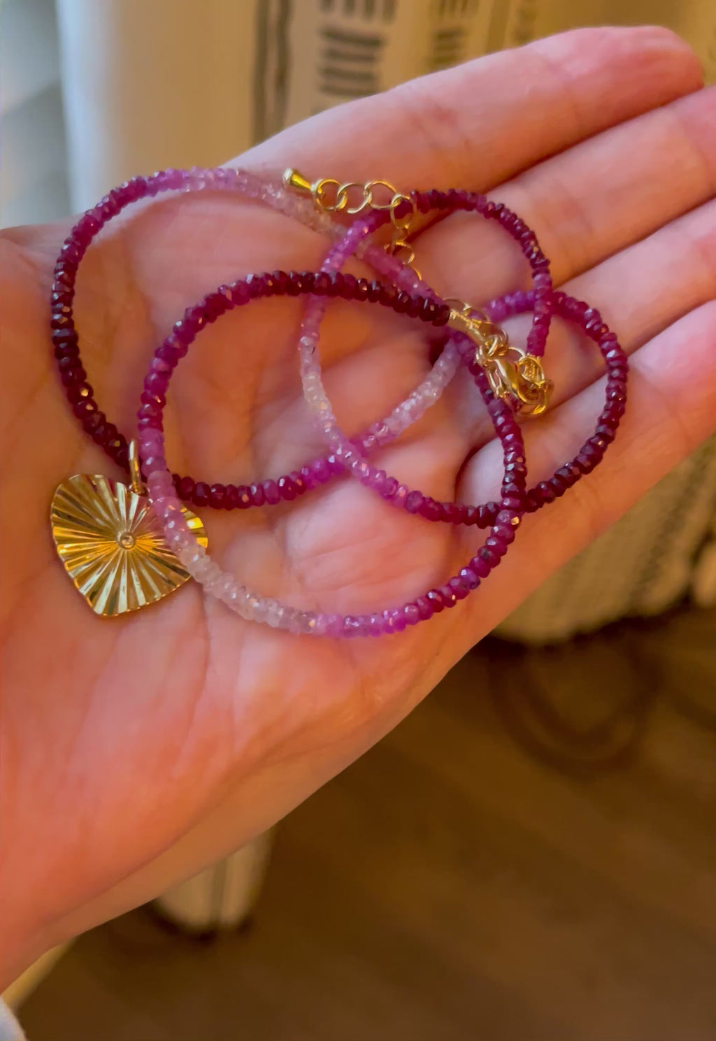 Gradient Ruby Necklace: Natural authentic Ruby gemstone necklace w/ gold heart charm and gold filled lobster clasp OOAK