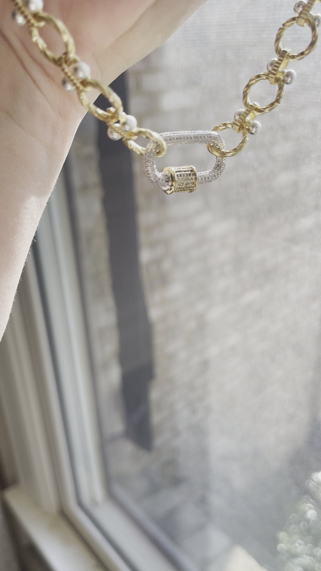 Park Ave Necklace: Brushed Gold Circle Chain w Silver accents and Pavé Mixed Metal Carabiner Clasp