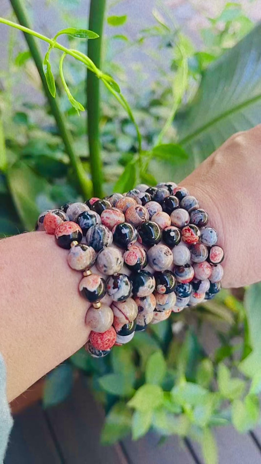 Black & Orange Fire Agate Natural Stone Stretch Bracelet 10mm & 8mm