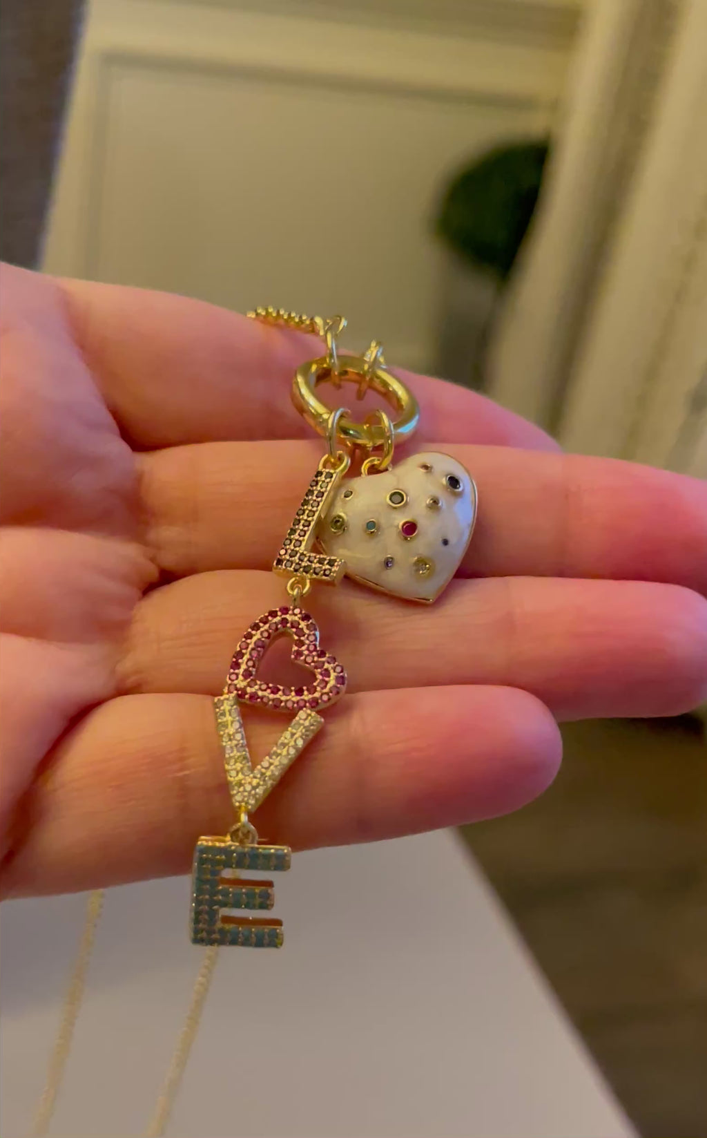 Loving Color Necklace: Thin gold cable chain w/ circle clasp/charm holder Adorable jeweled heart and love charms OOAK