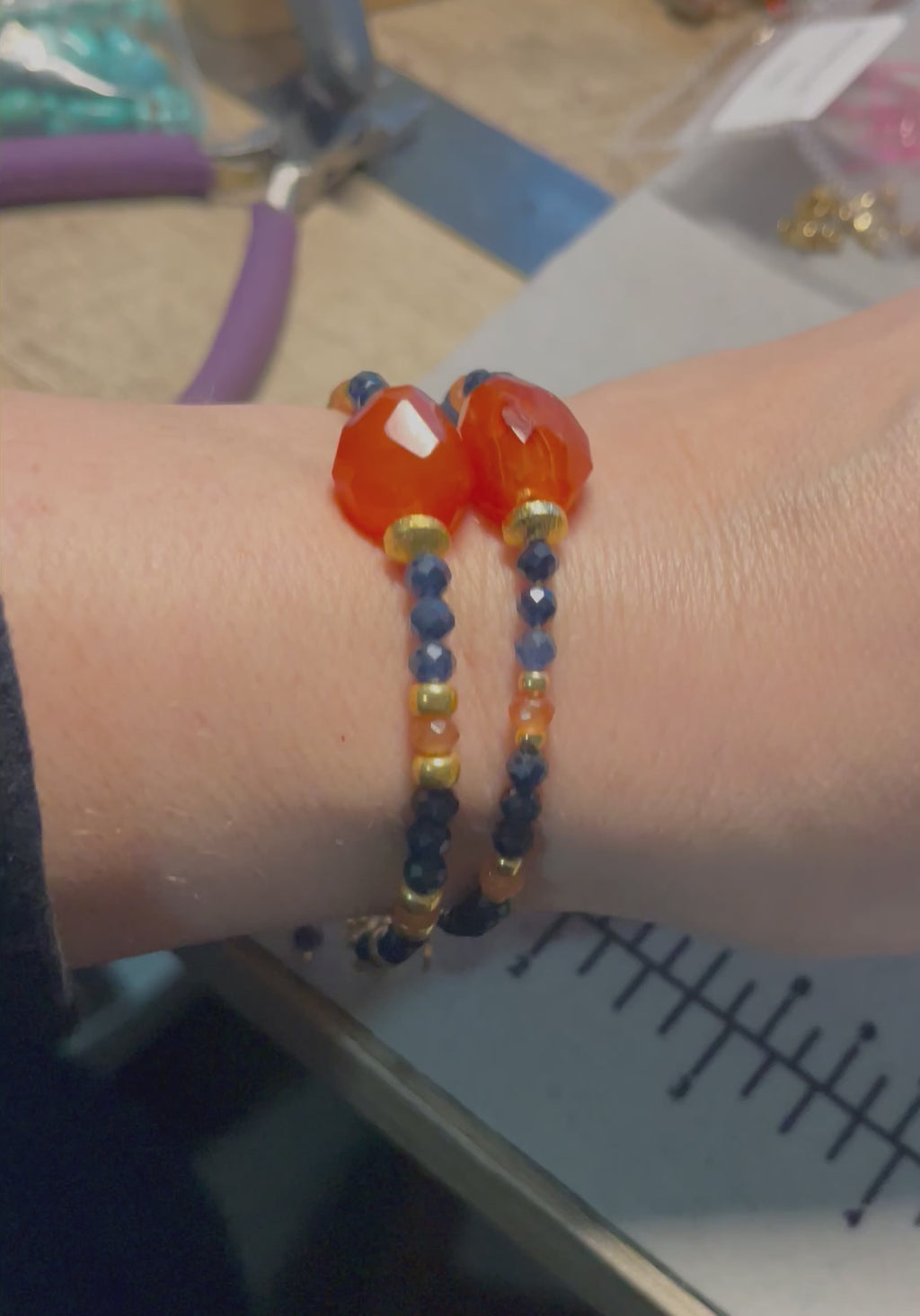 Fire & Twilight Bracelet~ Very Limited Edition: Faceted Sapphire beads Gold accent beads and a faceted Carnelian Centerpiece