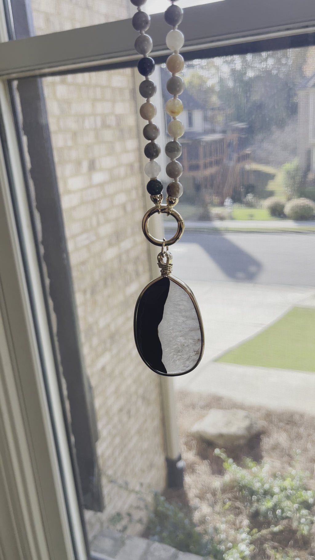 OOAK: Bamboo Agate Hand Knotted Beads with Gold Vermeil Clasp and Mixed Color Agate Stone Pendant