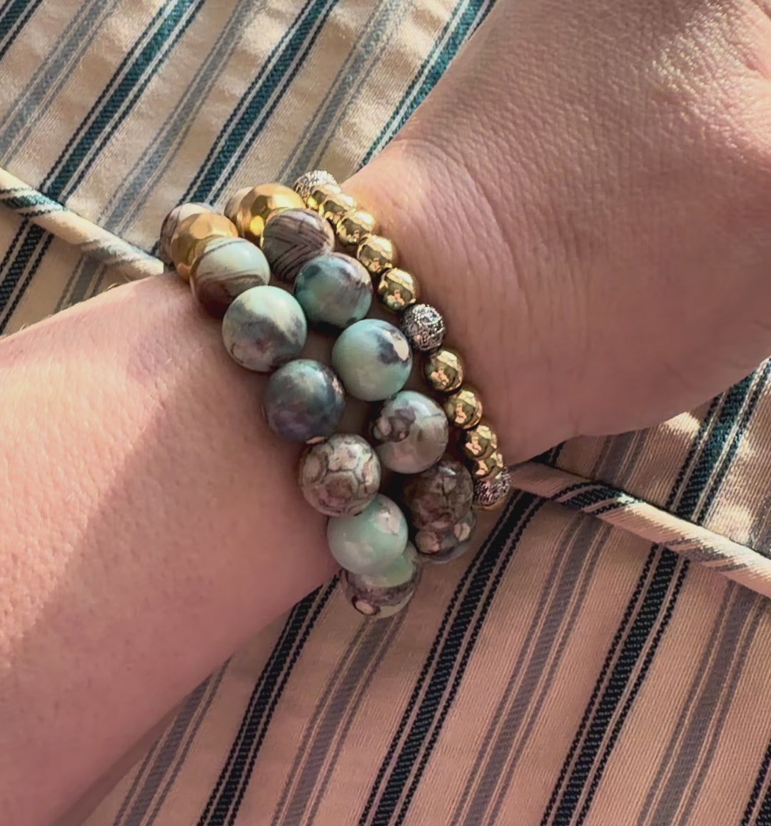 Painted Sky Stretch Bracelet: Blue Crazy Lace Agate beads with Gold hammered Artisan barrel bead