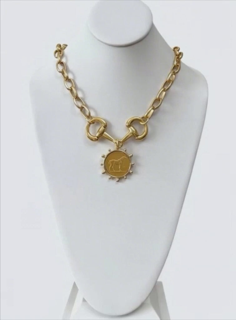Bit of Gold: Matte and Shiny Gold Necklace with Horse Medallion OOAK
