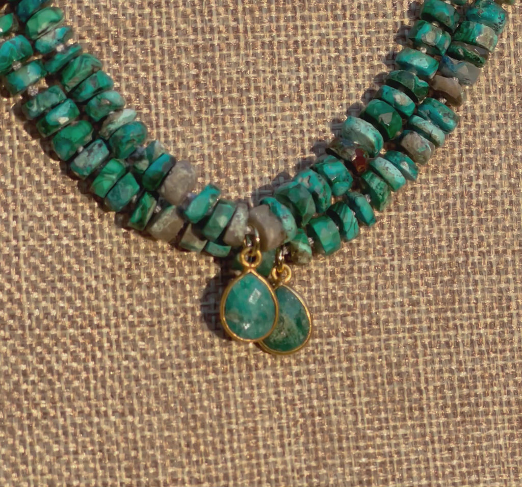 Tibetan Tides Necklace: Faceted Tibetan Turquoise Handknotted on silk with an Emerald teardrop pendant