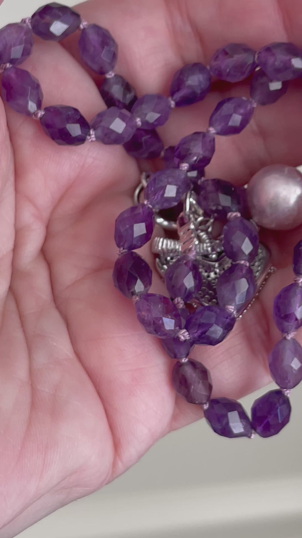 The Amelia Necklace OOAK: Faceted Amethyst hand knotted with a lavender Edison Pearl & pavé heart Silver accents
