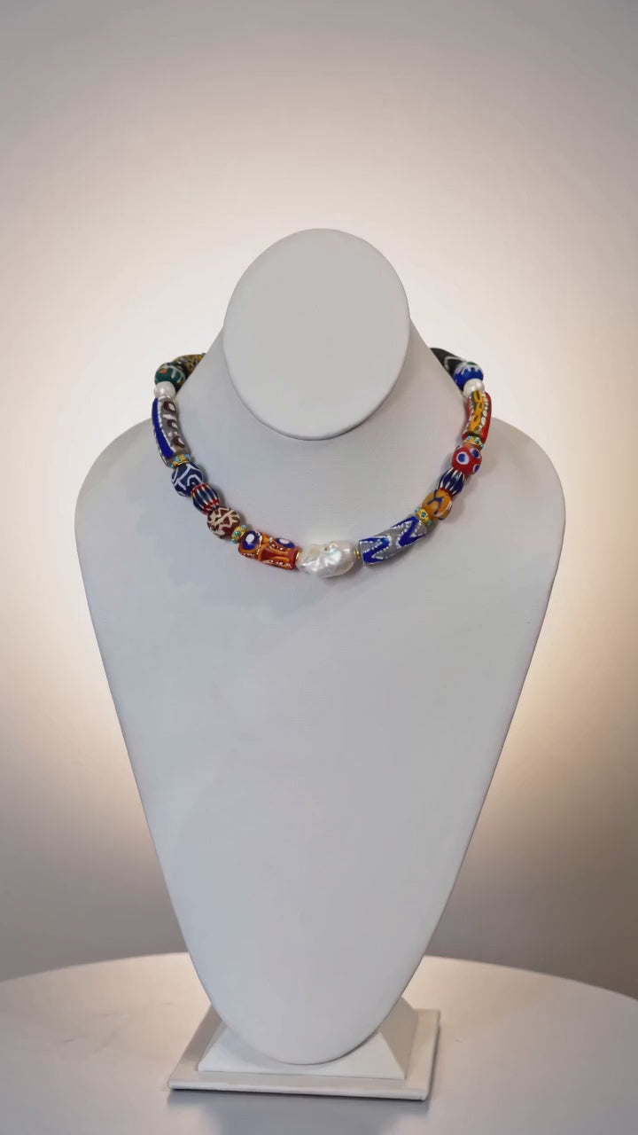 The Wanderer: Hand painted glass, Baroque pearls, gold accents OOAK
