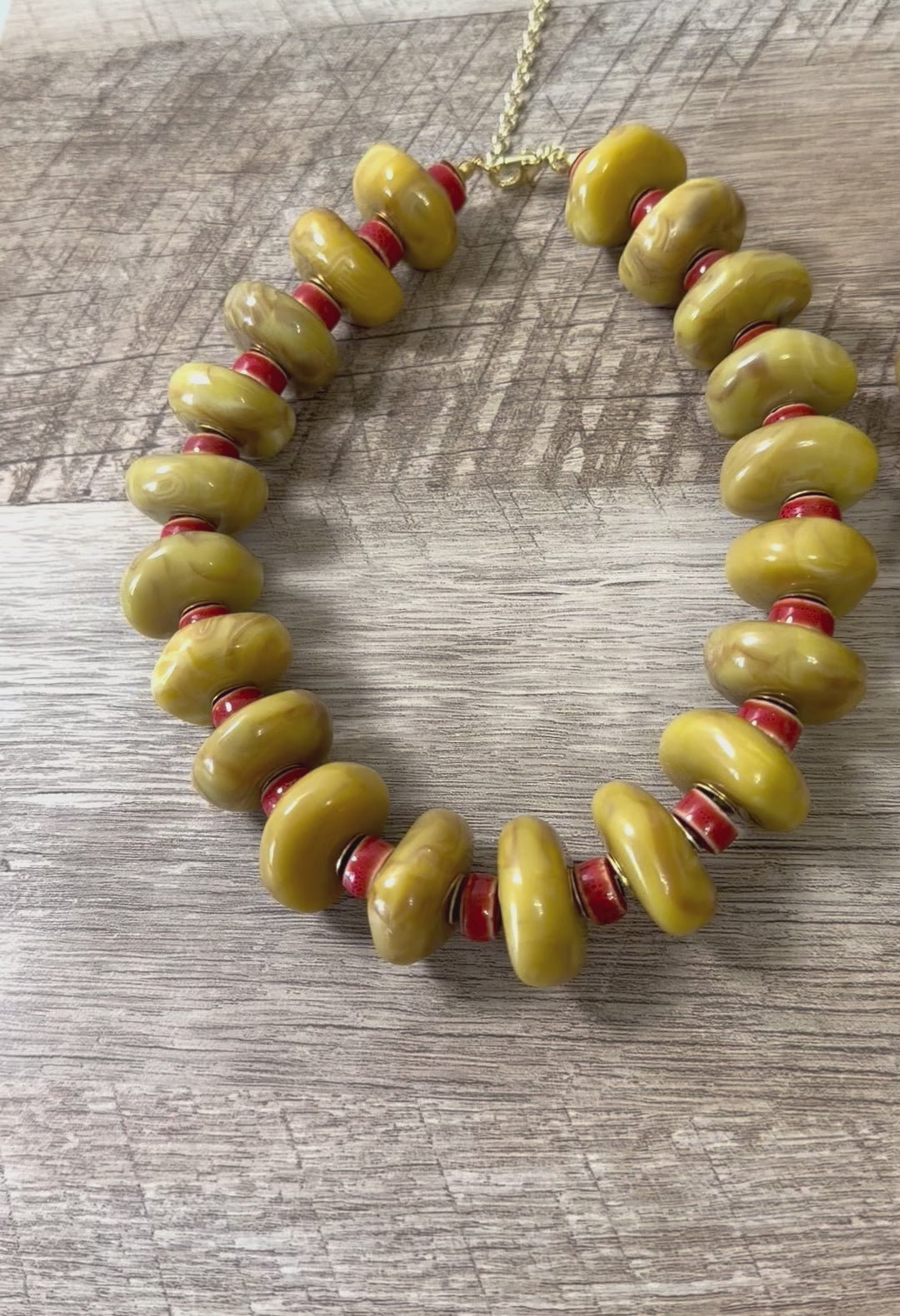 Ochre & Brick: Resin, ceramic & brass beads Gold clasp and extender